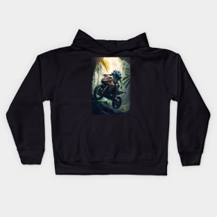 Alien riding a dirt bike in the jungle Kids Hoodie